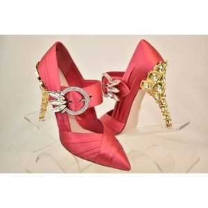 NIB MIU MIU PRADA PINK SATIN JEWELED CRYSTALS BUCKLE MARY JANE PUMPS 36.5